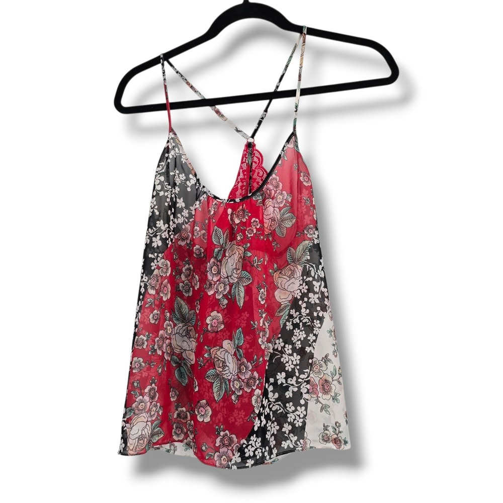 In Bloom by Jonquil Floral Patchwork Lace Racerback Camisole Top Red Black M